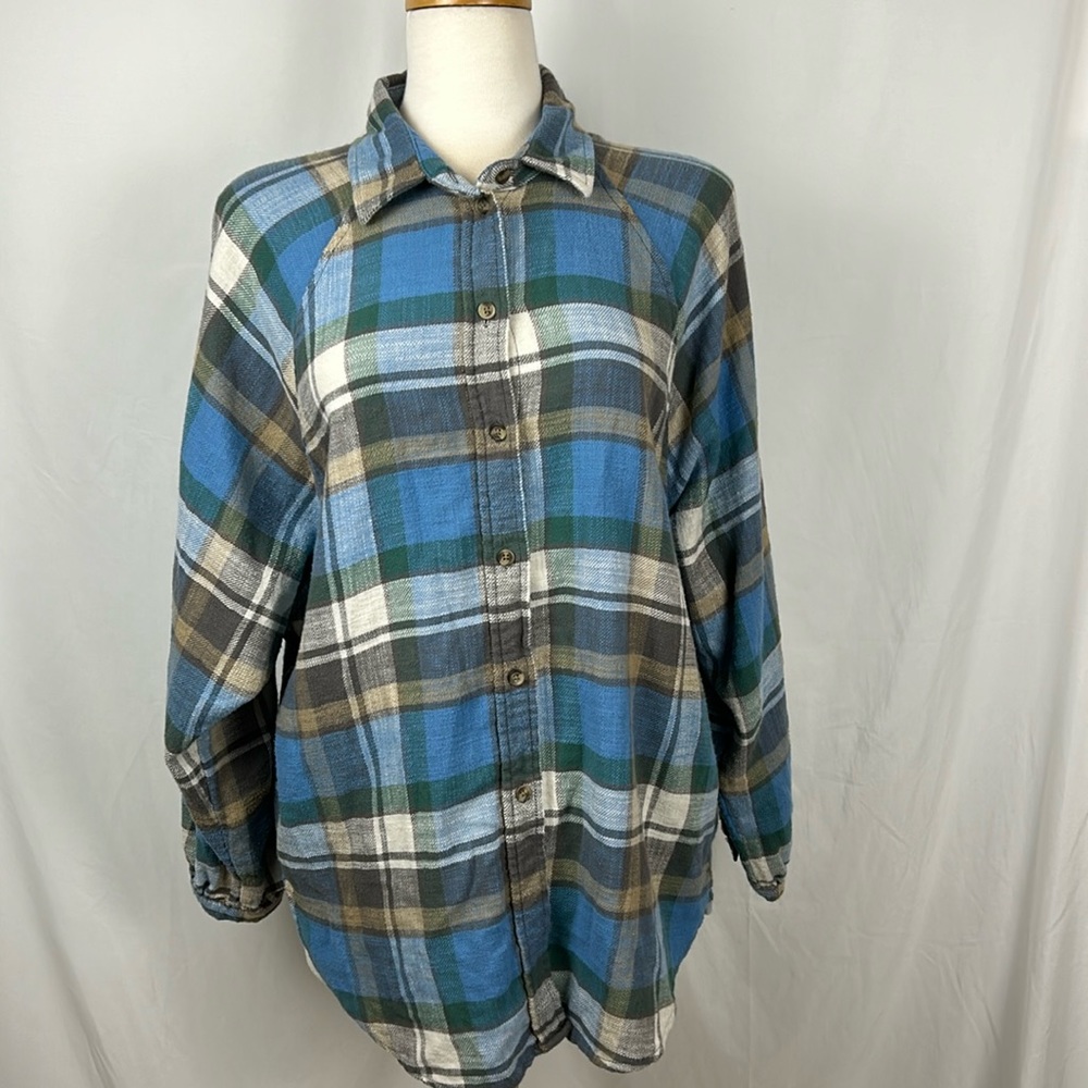 American Eagle blue/green plaid flannel button down shirt.  Medium